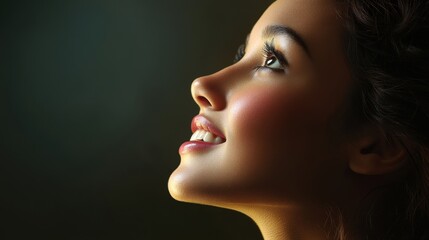 Fototapeta premium A portrait of the profile of a young woman looking up. Her expression shows joy and delight.