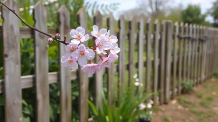Fototapeta premium A delicate pink cherry blossom branch against a rustic wooden fence in a lush green garden, bloom, lush greenery