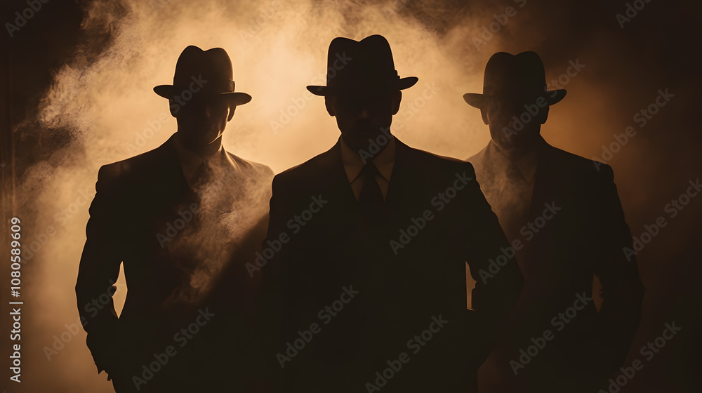 Poster Mysterious Silhouettes of Three Figures in Hats Surrounded by Fog Creating an Enigmatic Atmosphere of Intrigue and Suspense in a Dark Setting