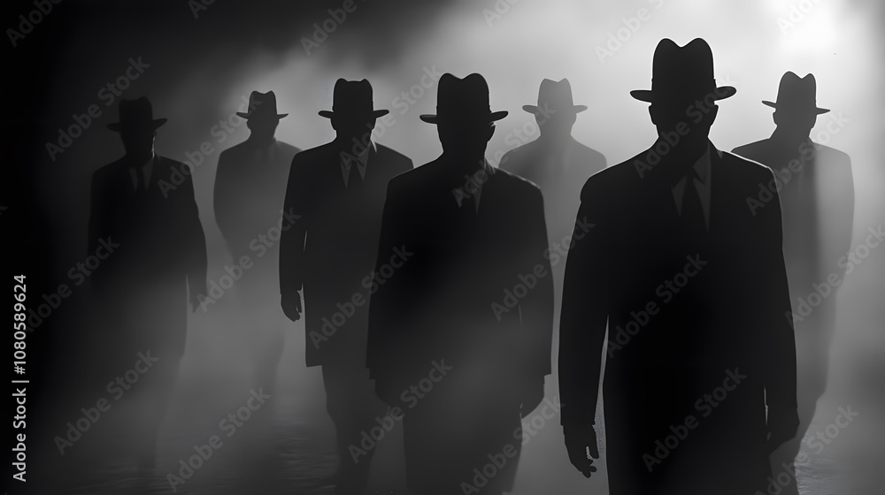 Poster mysterious figures in dark fog with hats and coats walking towards the camera in a noir style scene 