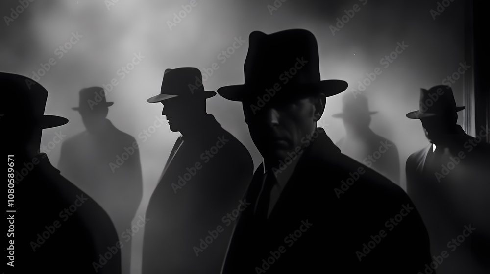 Poster mysterious shadows of figures in hats surrounded by fog in a black and white noir style setting evok