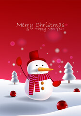 Merry Christmas and happy new year greeting card with sowman cute cartoon character for holiday vector illustration background. Design for cards, poster, cover and decoration.