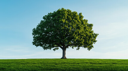 Fototapeta premium A majestic tree stands prominently on a lush green field under a clear blue sky, symbolizing nature's beauty and tranquility.