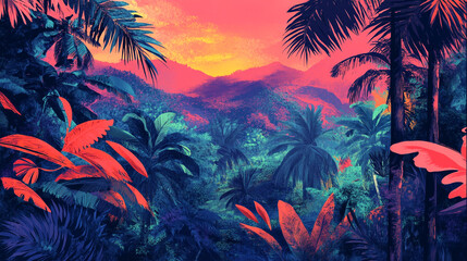 A lush green tropical rainforest with a variety of flowers and plants. The image is vibrant and full of life. 