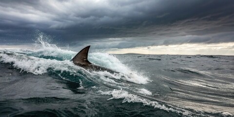 Fototapeta premium A shark fin sliced through the surface of the ocean on a cloudy day, creating a whirlpool in its wake, oceanographic feature, blue sky, predator, water turbulence