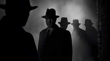 Mysterious Dark Alley Encounter with Multiple Shadows in Noir Style Evoking Suspense and Intrigue in a Classic Black and White Setting