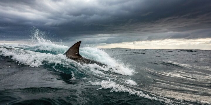 A shark fin sliced through the surface of the ocean on a cloudy day, creating a whirlpool in its wake, oceanographic feature, blue sky, predator, water turbulence