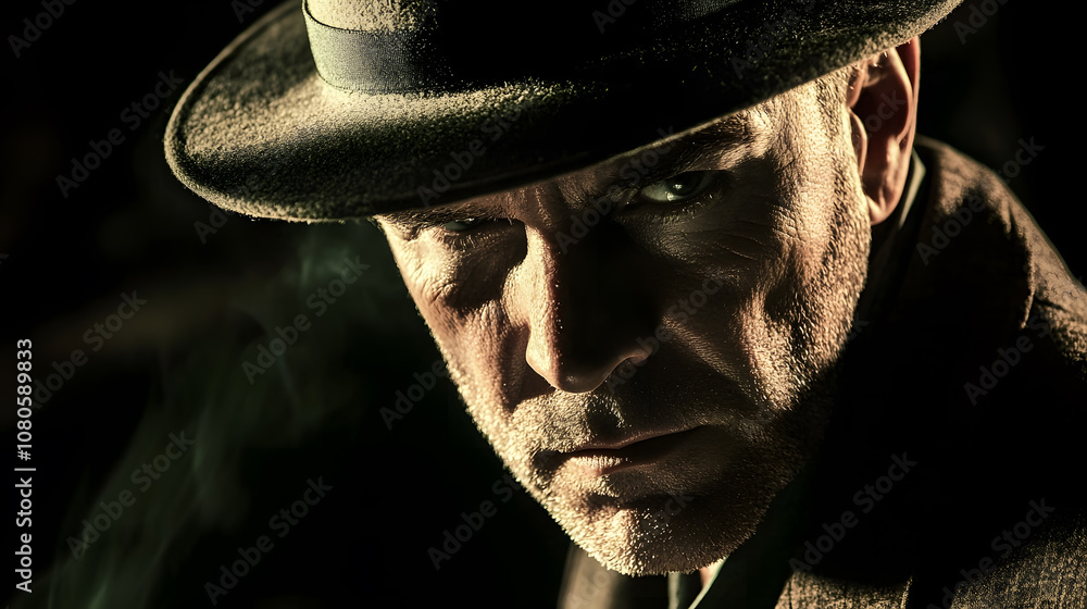 Poster intense close-up of a mysterious man in a dark hat and suit, exhibiting an enigmatic expression in a