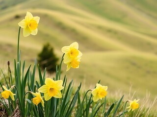 Daffodil flowers in full bloom on a rolling hillside, daffodils, colorful blooms, hillside