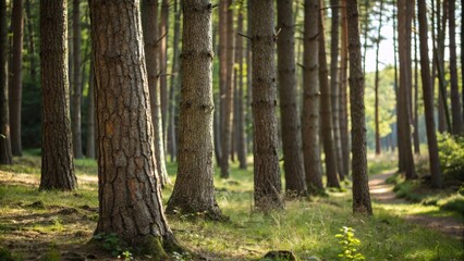 Fototapeta premium Close-up of tree trunks in a shaded forest, forest trees, shaded forest, evergreen trees