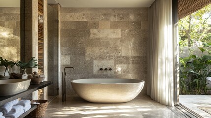 Freestanding tub in a gray stone-tiled bathroom, bathed in soft natural light, with minimalist decor and calming vibes.
