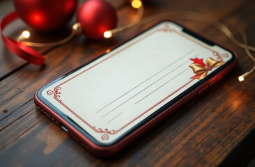red smartphone on wooden table, christmas background