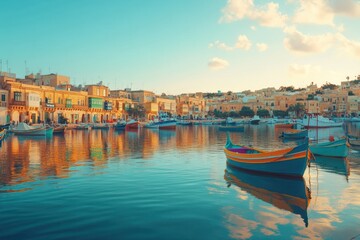 Fototapeta premium Serene Sunset over a Colorful Harbor