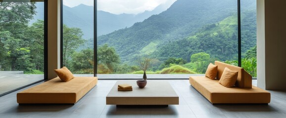 Two Tan Couches and a Coffee Table Facing a Mountain View Through a Large Window