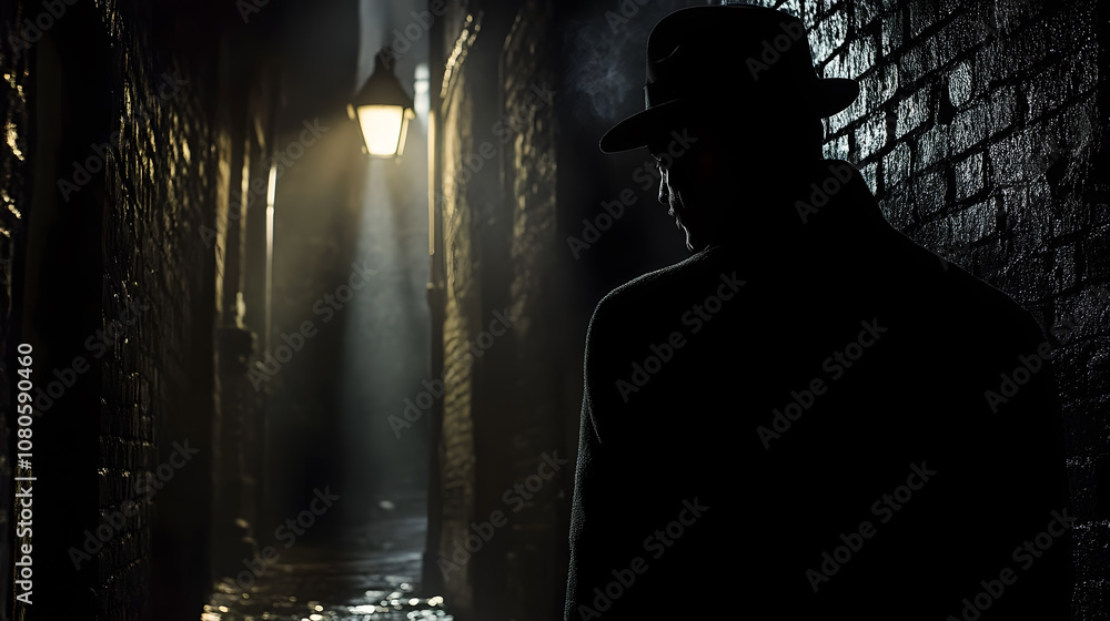 Poster mysterious figure in a dark alley with soft light and atmospheric fog, evoking a sense of intrigue a