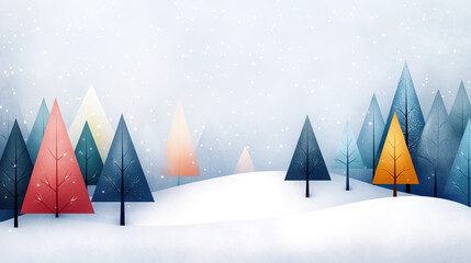 serene winter landscape with colorful geometric trees and falling snowflakes creates peaceful atmosphere.