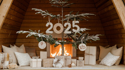 Cozy 2025 Christmas Decor with Snow-Covered Tree Branches and Gift Boxes by the Fireplace