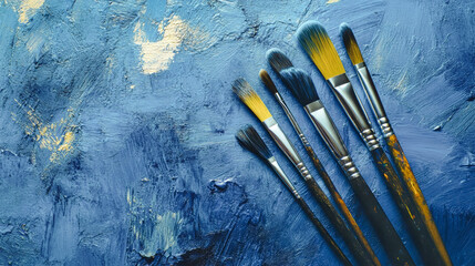 Obraz premium A collection of art brushes resting on a blue textured surface after a creative painting session in a cozy artist studio