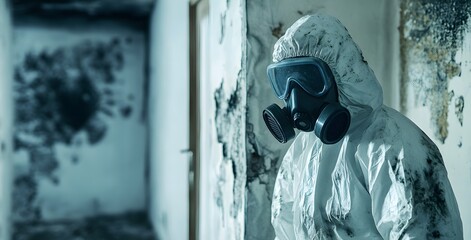Professional mold removal and carpentry services in an apartment, with a worker wearing a protective white uniform and gas mask for materials ranging from fine mesh to the mounted wall of a house