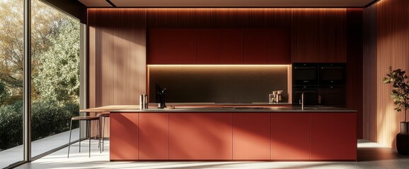 Modern Kitchen with Red Cabinets and Natural Light