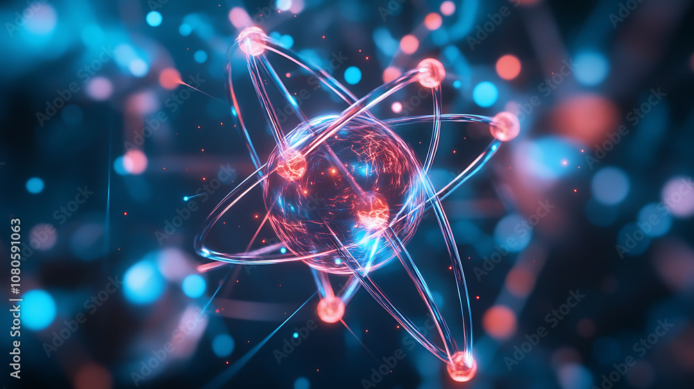 Poster digital atom rendering with lines and particles photos