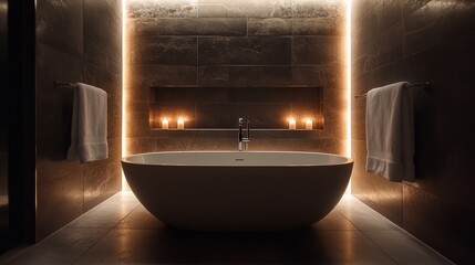 Minimalist bathroom design with a white freestanding tub, dark gray stone tiles, and soft light creating a spa-like vibe.
