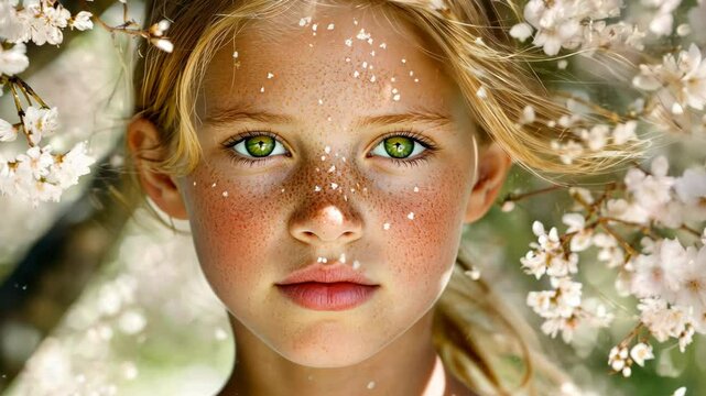 A young girl with freckles and green eyes looks directly at the camera, surrounded by white blossoms