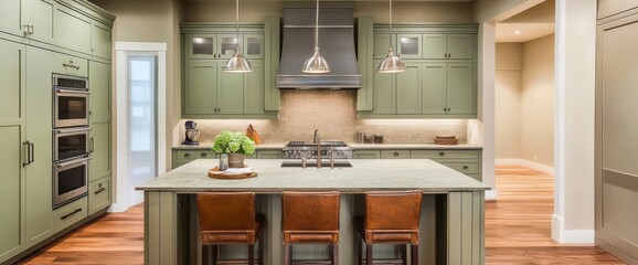 Modern Kitchen Island with Green Cabinets and Stainless Steel Appliances