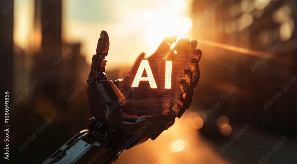 Poster a robotic hand holds the word ai in front of a bright sun
