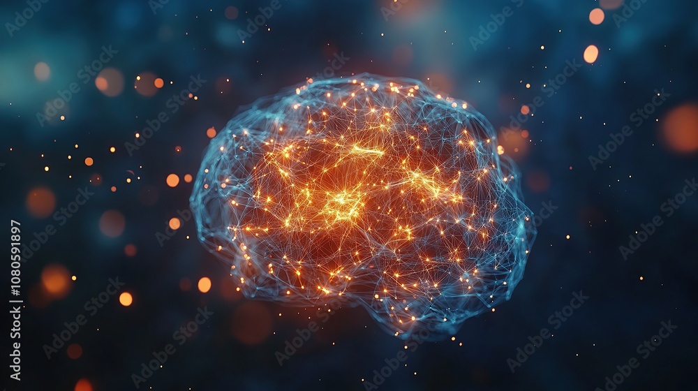 Poster a digital representation of a brain with glowing connections and particles.