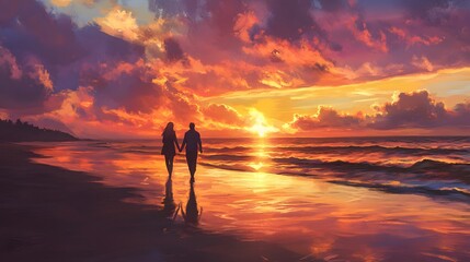 Fototapeta premium Couple walks hand in hand along the beach at sunset