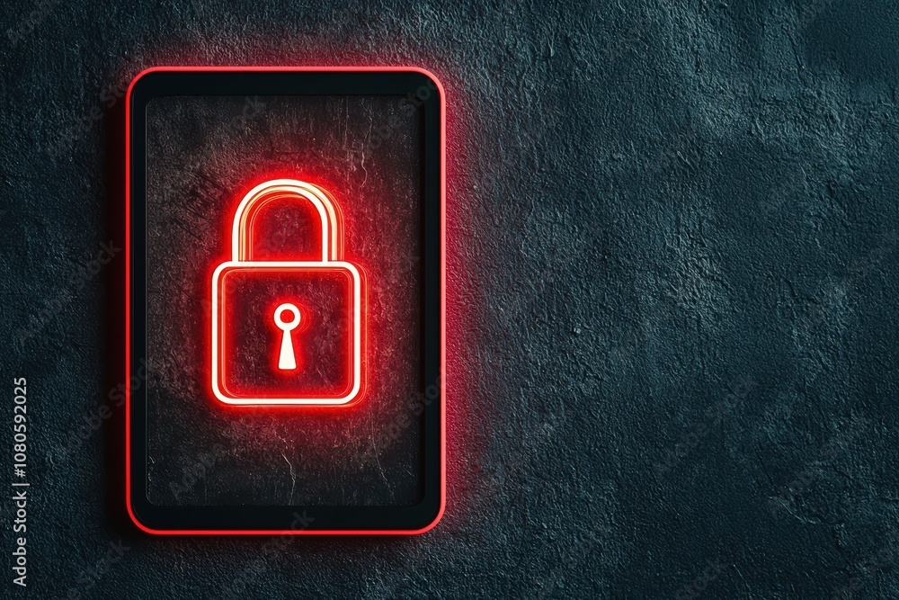 Poster a neon padlock icon displayed on a digital screen, symbolizing security and data protection.
