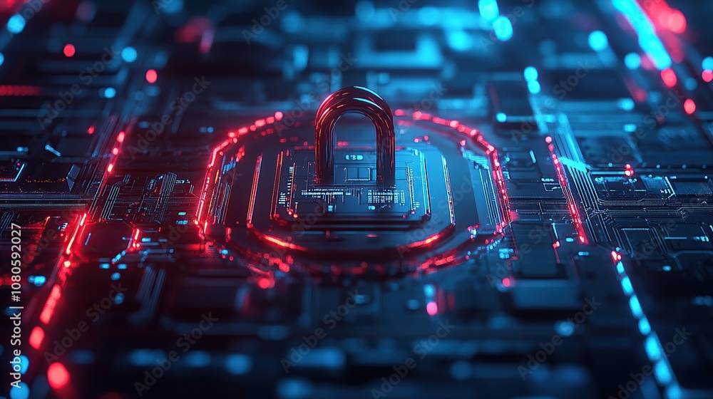 Poster a digital representation of cybersecurity with a padlock on a circuit board.