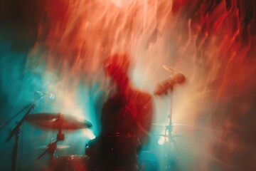 : Motion blur effect on concert lights, capturing dynamic, colorful atmosphere