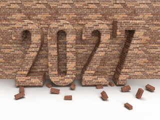 Brick inscription 2027 on stone wall. Christmas post idea for construction company. 3d rendering