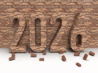 Brick inscription 2026 on stone wall. Christmas post idea for construction company. 3d rendering