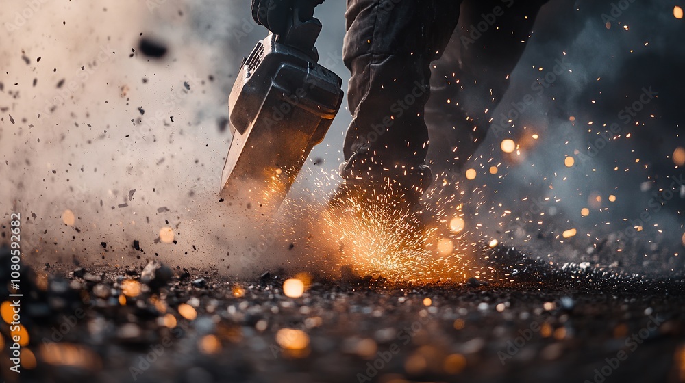 Poster a worker using a tool, creating sparks and dust in an industrial setting.