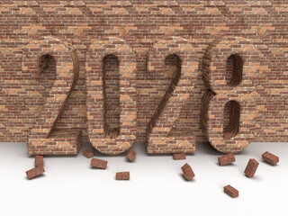 Brick inscription 2028 on stone wall. Christmas post idea for construction company. 3d rendering