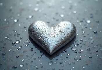 Obraz premium Silver Heart-Shaped Rain Texture With Droplets On Reflective Surface