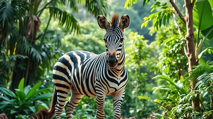 Zebra stands in a lush jungle environment with bright colors and unique stripes, photography, tropical plants