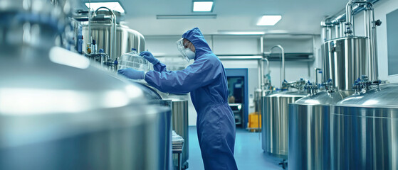A worker in a protective suit cleans metal tanks on a biotech production line in a well-lit modern laboratory setting