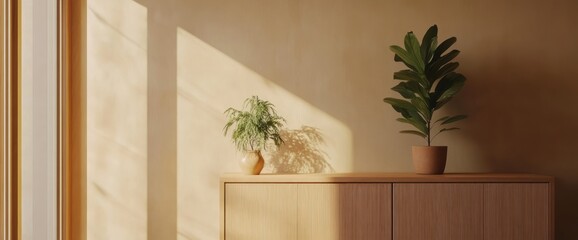 Wooden Cabinet with Plants and Sunlight Streaming Through a Window