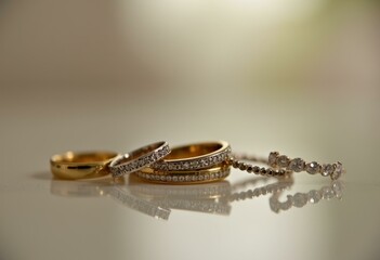 Wedding Rings And Silver Chain Reflecting On Glossy Mirror Surface