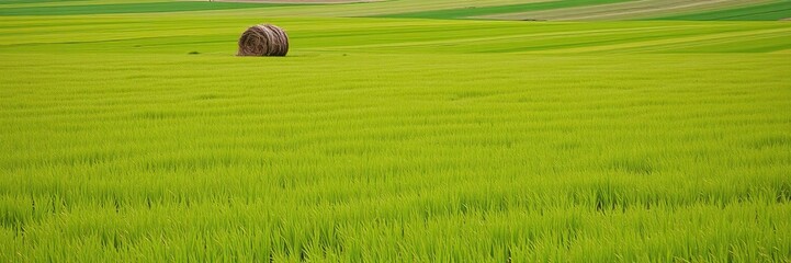Obraz premium * Quiet rural scene of a vast grass field with a stack of hay in the distance, fields, outdoors