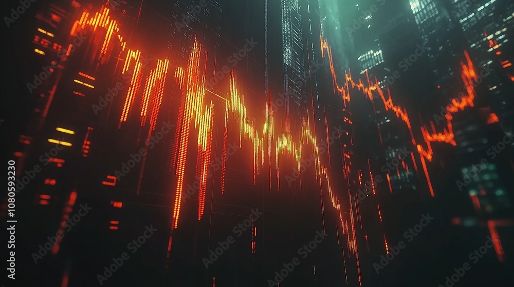 Poster abstract representation of a fluctuating data graph in a futuristic cityscape.