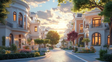 Serene suburban street at sunset with elegant homes and gardens.