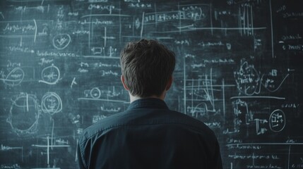 Person Analyzing Complex Equations on Black Chalkboard