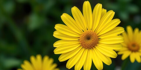 Fototapeta premium A blooming yellow daisy with delicate petals and a prominent center, botanical art, wildflowers, outdoor scenery