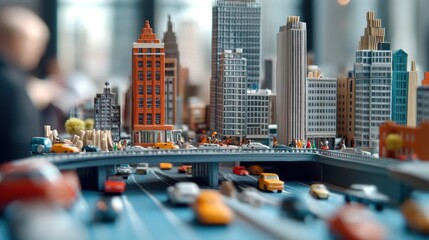 Matchbox skyscrapers arranged in a modern city layout, with bridges and streets made from matchsticks and everyday items, [Matchbox model city], [modern mini city design]