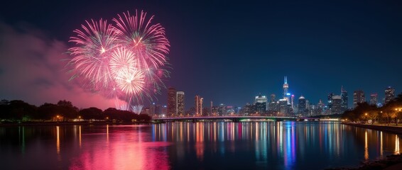 Fototapeta premium Vibrant Fireworks Illuminating City Skyline at Night